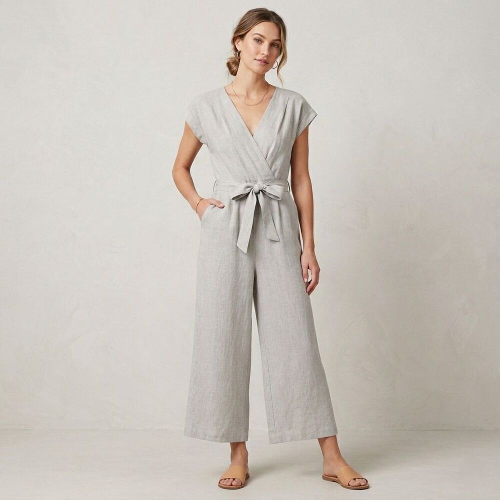 Monteau Womens Large Beige Linen Wide Leg Jumpsuit V-Neck Cropped Boho Overall